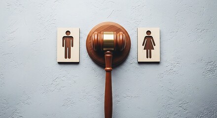 Gavel and wooden figures representing divorce on a textured grey surface