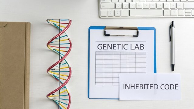 DNA helix over report representing genetic lab research