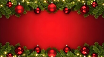 Festive christmas garland with red ornaments and warm lights framing a vibrant red background for copy space