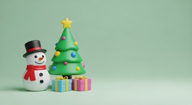 Charming 3d illustration of a happy snowman and a decorated christmas tree with gifts on a soft green background