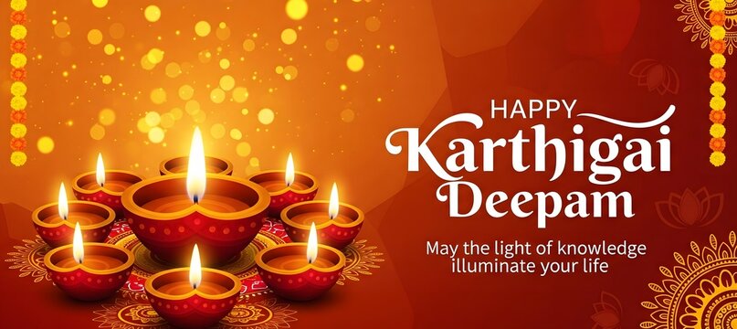 Happy karthigai deepam festival celebration with oil lamps and festive lights