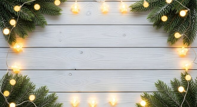 Cozy christmas border with glowing fairy lights and evergreen branches on rustic white wood background
