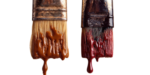 Two paintbrushes with dripping dark paint isolated on a black backdrop
