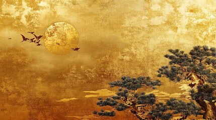 A golden sunset landscape features a large moon, flying birds, and a pine tree silhouette against a dark background, evoking a sense of serenity and tranquility.
