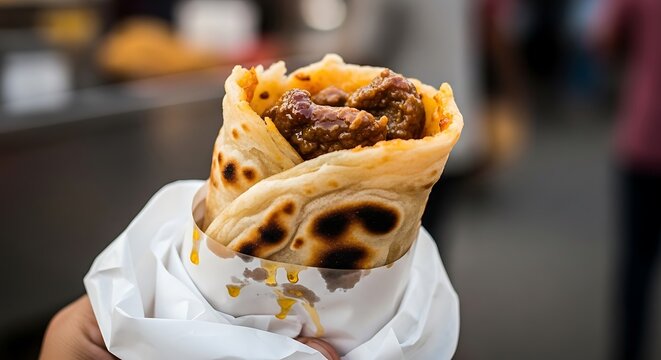 Close up of a delicious Indian paratha wrap filled with savory meat kebab street food