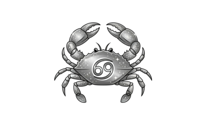 Stylized metallic representation of the zodiac sign for cancer prominently featured against a dark background