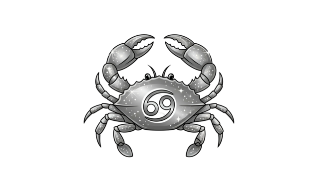 Stylized metallic representation of the zodiac sign for cancer prominently featured against a dark background