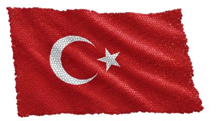 National emblem of a republic waves with a stylized mosaic texture against a dark backdrop