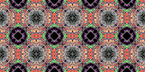  Contemporary Ethnic or Tribal Pattern with Bright Dots. wallpaper interior. 

Purple, Orange, and Green Tiling Design. 

Abstract Swirl and Dot Mandala Repeating Art. Decorative Ornate
