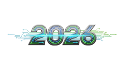 Futuristic metallic numerals representing the year two thousand twenty-six glow with digital circuitry and light streaks