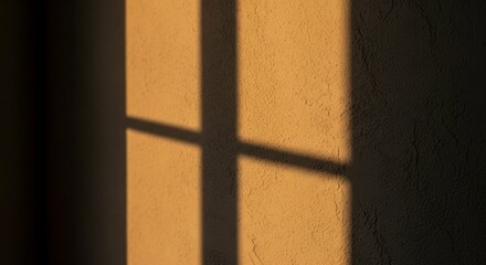Warm sunlight casts a grid shadow pattern on a textured wall, creating a serene and abstract composition
