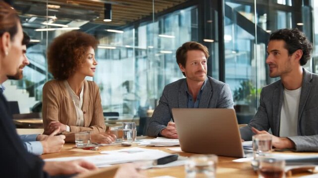 A diverse team shares a lively discussion around a conference table in a modern, glasswalled office!