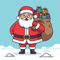 A cheerful cartoon Santa Claus, dressed in his iconic red suit, happily carries a large sack overflowing with colorful Christmas presents across a snowy landscape.