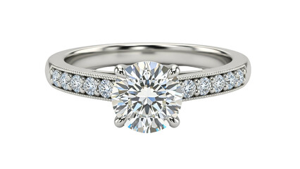 Brilliant round cut diamond engagement ring featuring channel set accent stones against a black background