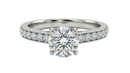 Brilliant round cut diamond engagement ring featuring channel set accent stones against a black background