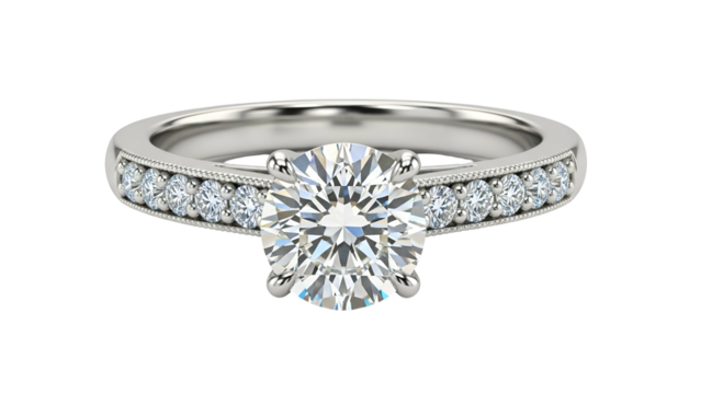 Brilliant round cut diamond engagement ring featuring channel set accent stones against a black background