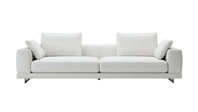 Modern white fabric sofa with clean lines displayed against a solid black background