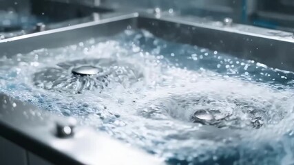 Closeup medium shot of ultrasonic cleaning equipment in action showcasing bubbling water and vigorous cleaning cycles on delicate mechanical parts.