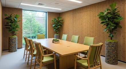 Professional meeting room with natural light and modern bamboo design promoting a calm and productive workspace for collaborative discussions and strategic planning