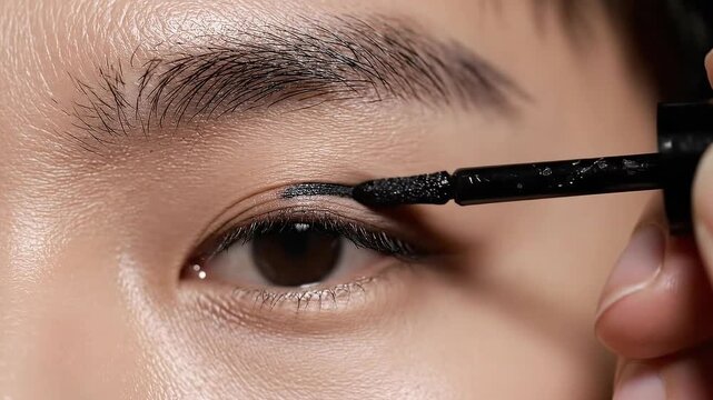 Close up Extreme Macro Shot Of A Woman Applying Sparkly Black Mascara To Her Eyelashes And Eyebrows With Soft Natural Lighting And A Shallow Depth Of Field