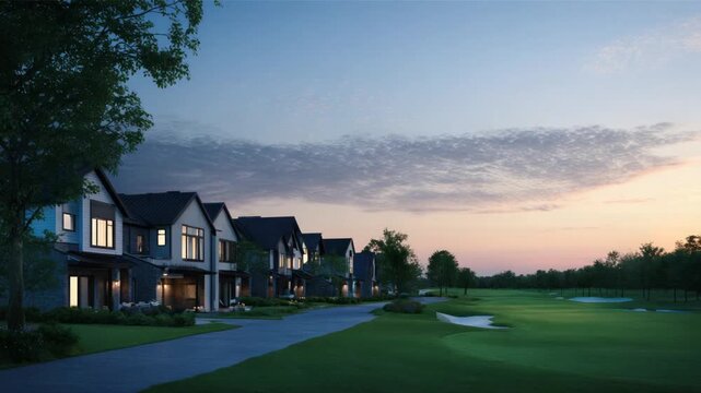 Row of modern homes with warm lights beside a golf course at twilight