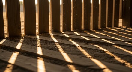 Sunlight filtering through wooden fence slats, creating striped shadows on the ground