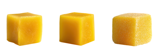 Three cubed, bright yellow food items