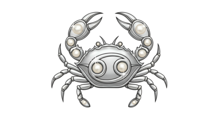 Ornate silver crab emblem inlaid with lustrous pearls set against a dark background