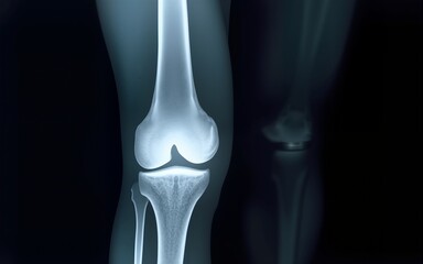 Close-up view of a knee X-ray illustrating bone structure with emphasis on joint health and detail on a dark background. High quality