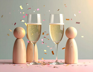 A joyful toast with sparkling champagne flutes accompanied by minimalist wooden figures, enveloped in a vibrant burst of confetti, representing unity and festive cheer