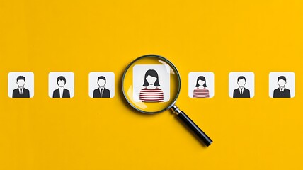 Magnifying glass highlighting selected candidate among business profile icons for recruitment
