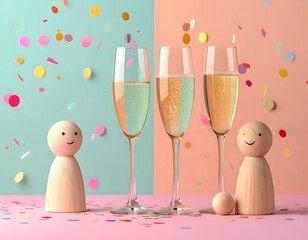 Two charming wooden figures join in a festive toast with sparkling champagne amidst a shower of colorful confetti, symbolizing joy and celebration for a special occasion