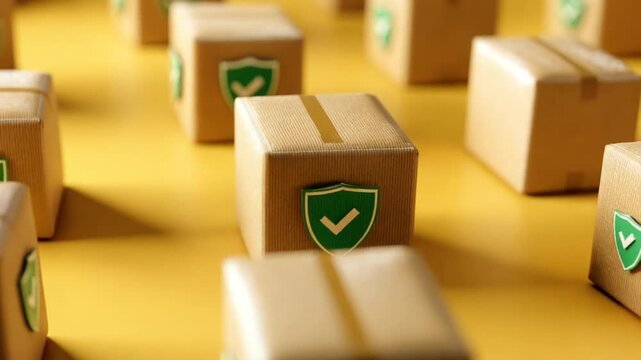 Several cardboard boxes, each with a green shield icon, arranged on a yellow surface