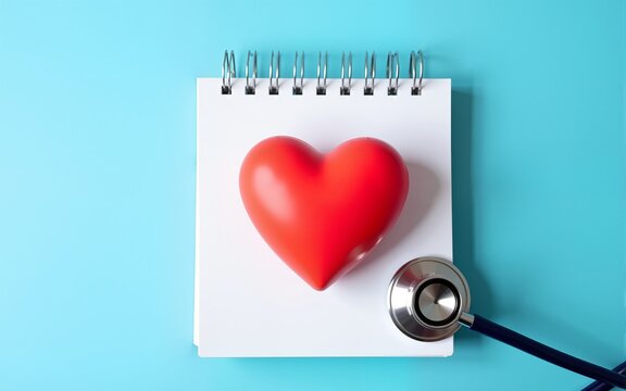 close up top view on red heart symbol and stethoscope on calendar with over blue background for design about ads or banner of doctor appointment and health checkup following personal lifestyle concept