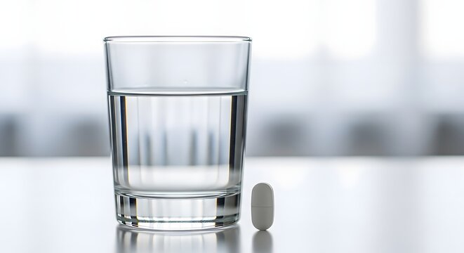 Daily health support with glass of water and pill for wellness or medication concepts