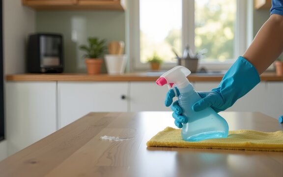 Cleaning furniture with alcohol in a kitchen is an example of preventive body health care against the coronavirus outbreak._00001_. High quality