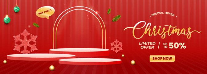 Christmas Promotion Banner With Stage, Arch, And Limited Time Offer For Holiday Sale