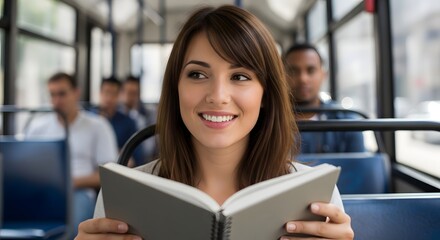 Smiling woman reading book on public transport for daily commute inspiration