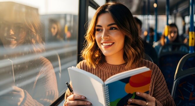 Young woman enjoying a peaceful bus ride with a colorful journal at sunset for personal reflection and creative inspiration