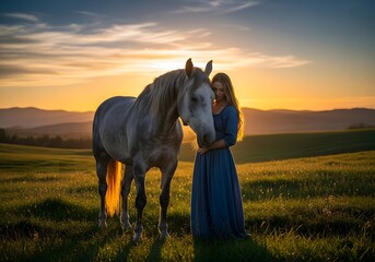 Serene evening with horse and woman at sunset in tranquil countryside setting