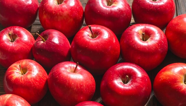 A close-up shot of ripe red apples arranged in a grid pattern, showcasing their vibrant color and fresh appearance.