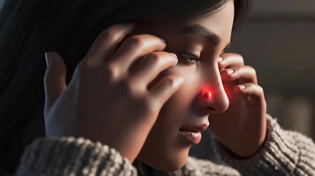 Woman Touching Face Showing Redness on Nose in Medical Illustration Concept for Advertising Campaign