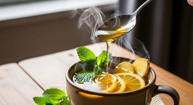Warm herbal lemon tea with honey and mint for relaxation and health on a cozy morning - Powered by Adobe