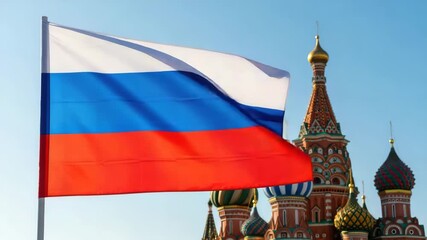 Russian flag waving in front of saint basils cathedral in moscow, russia - Powered by Adobe