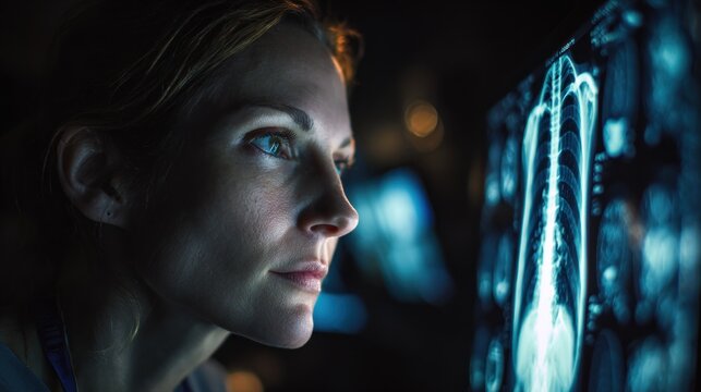 A focused woman examines a detailed medical scan, illuminated by a soft glow, emphasizing her concentration and the complexities of the imaging.