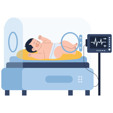 Newborn Baby Illustration. Vector illustration of Sleeping infant inside hospital incubator with monitor in neonatal care unit. Isolated on background