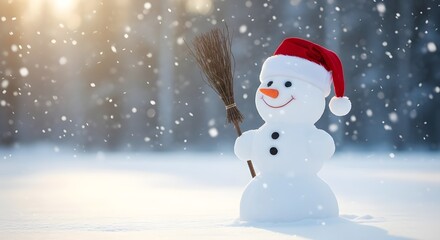 A bright, smiling snowman with a carrot nose and Santa hat holds a broom in a snowy landscape. Falling flakes and golden sunlight create a warm, magical winter holiday scene.