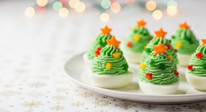 Festive green Christmas tree-shaped desserts adorned with colorful stars and decorations, arranged on a white plate, creating a joyful holiday atmosphere with vibrant bokeh lights in the background - Powered by Adobe