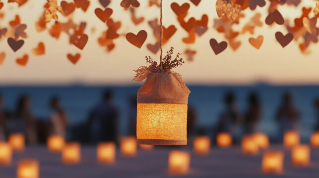 Romantic lantern, heart decoration, glowing light, sunset, beach, dreamy celebration