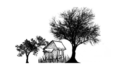 Vector illustration of a single old, winter tree silhouette in a rural park landscape with a cottage, blue sky, and green grass